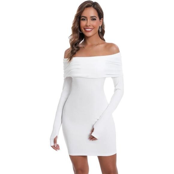 Womens Off The Shoulder Long Sleeves Mini Dress White - Picture 2 of 6